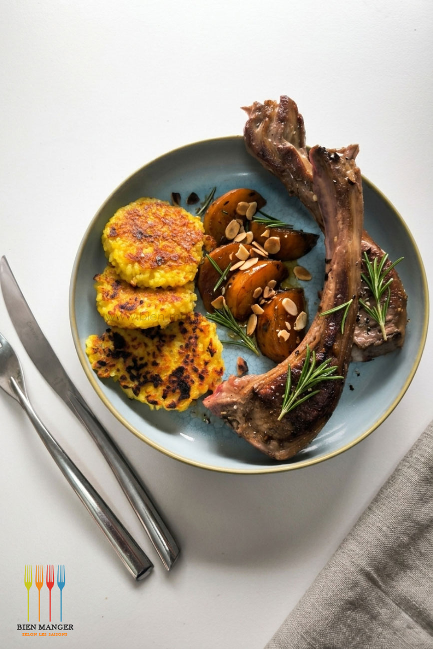 Agneau, galettes de risotto safrané, navets glacés miel balsamique